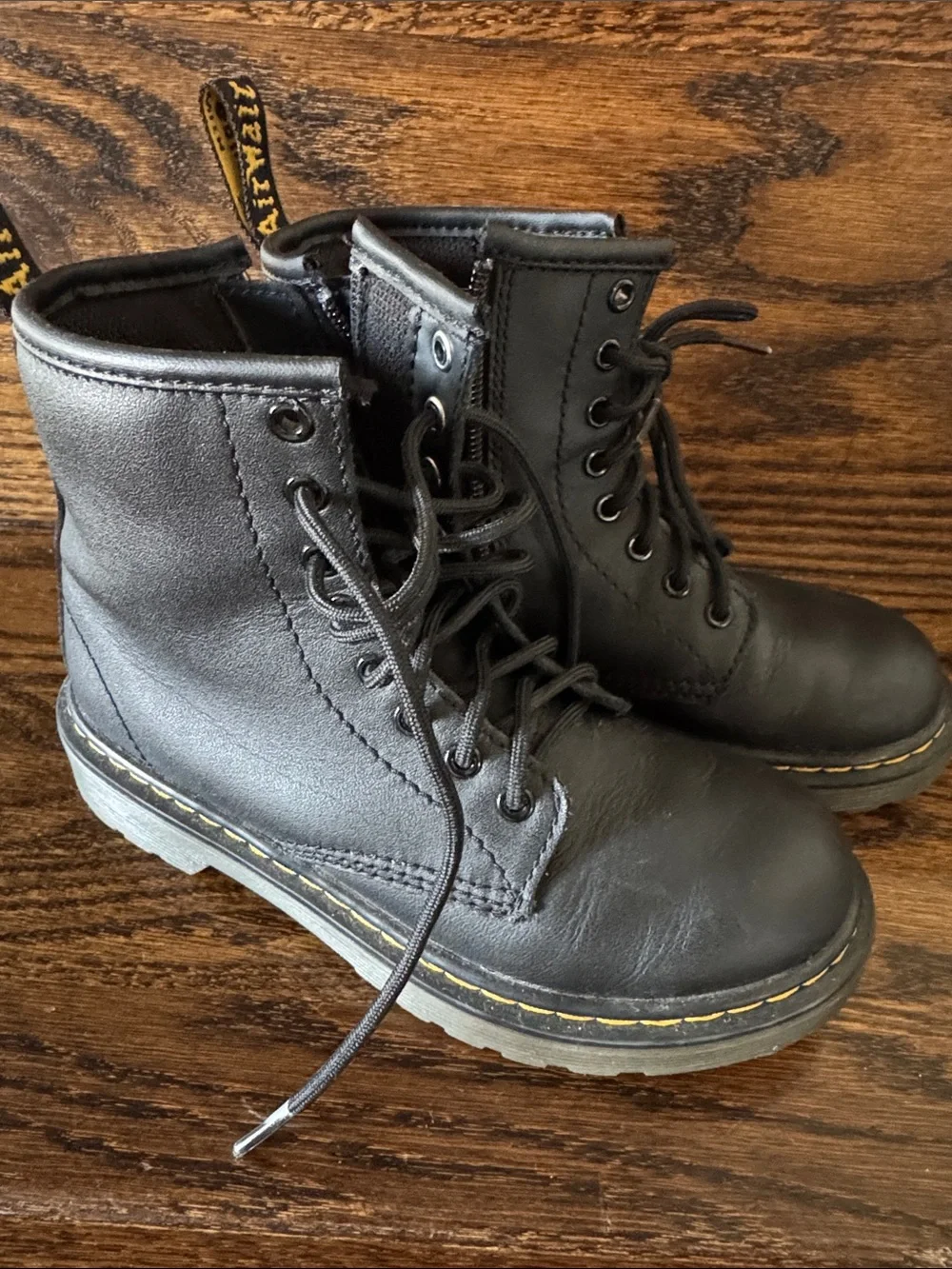 Dr. Martens Black Leather Lace-Up Ankle Boots with Yellow Stitching